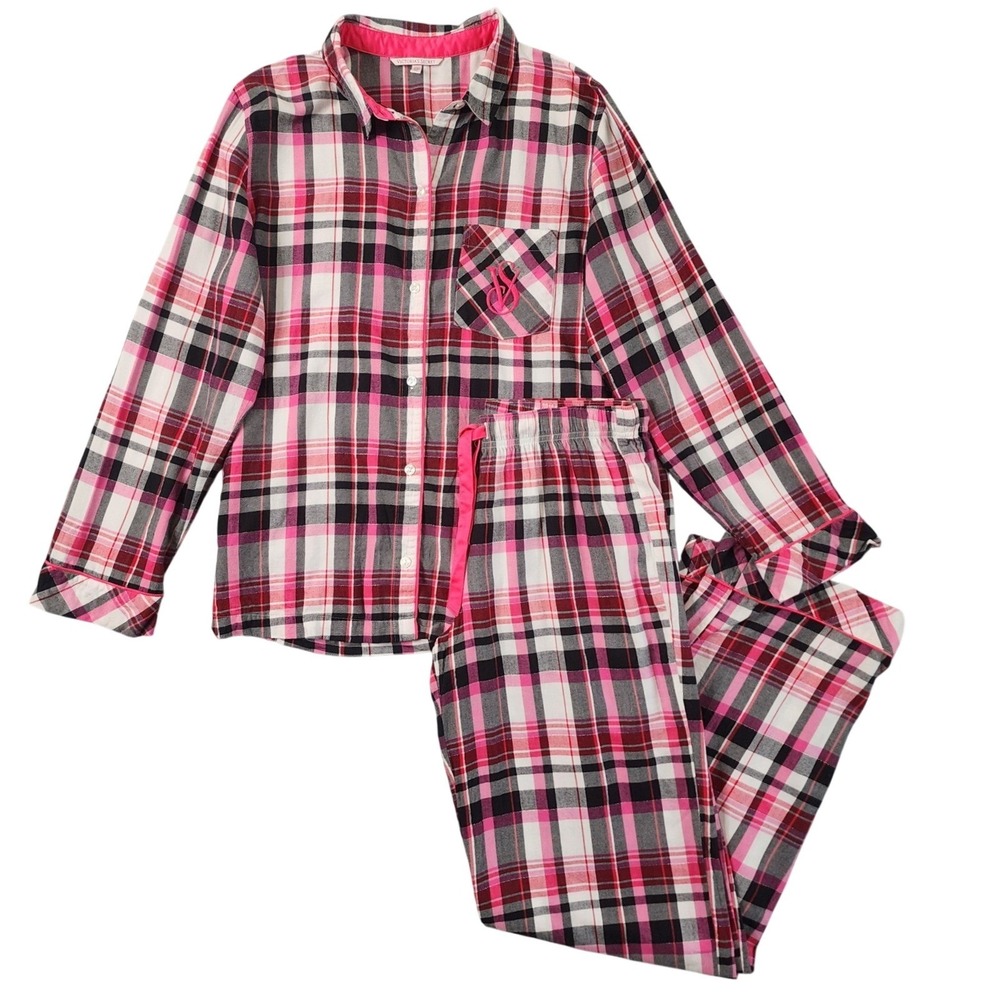 Victoria's Secret Pajama Set Women S Long Pink Plaid Flannel Button Sleepwear